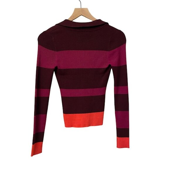 House of Harlow 1960 Ribbed Striped Colorblock Collared V-Neck Sweater Small - Picture 2 of 12